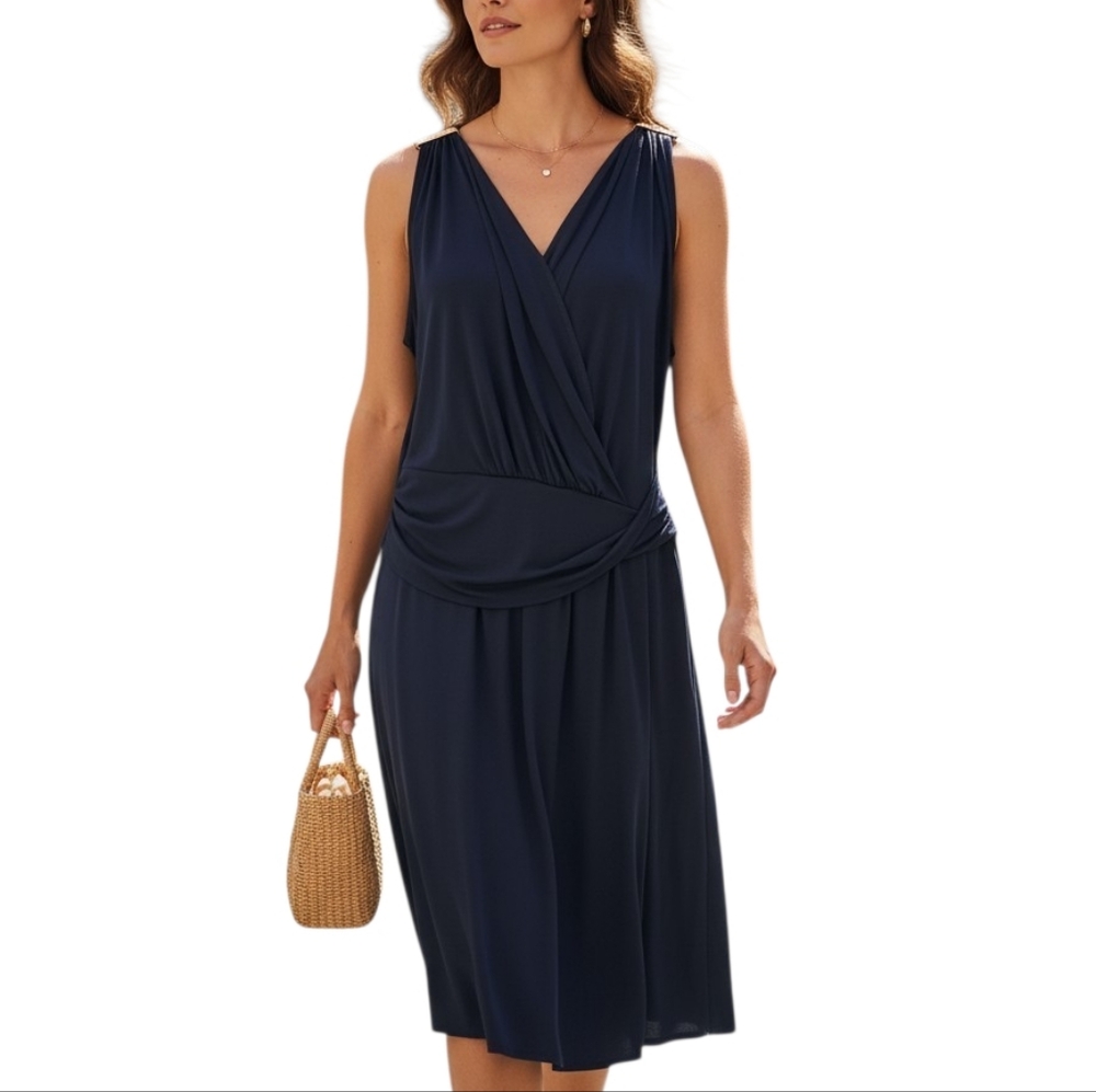 Michael Kors Navy Blue Sleeveless Wraparound Dress With Gold Embellishment Sz 1X